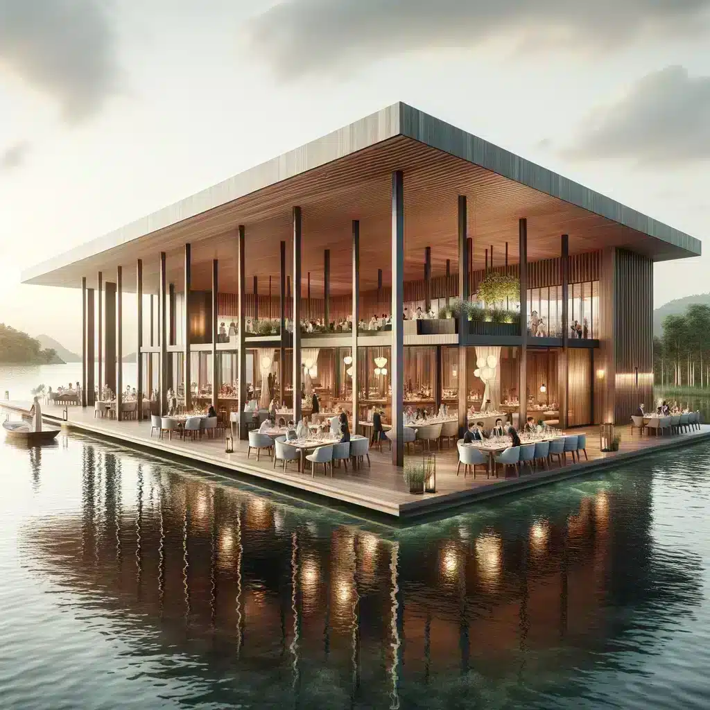 Göl üzerinde yüzer restaurant görüntüsü. yapay zeka ile oluşturulmuştur.